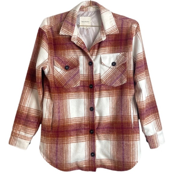 Thread & Supply Jackets & Blazers - Thread & Supply brown cream plaid button down shacket lined mid weight overcoat